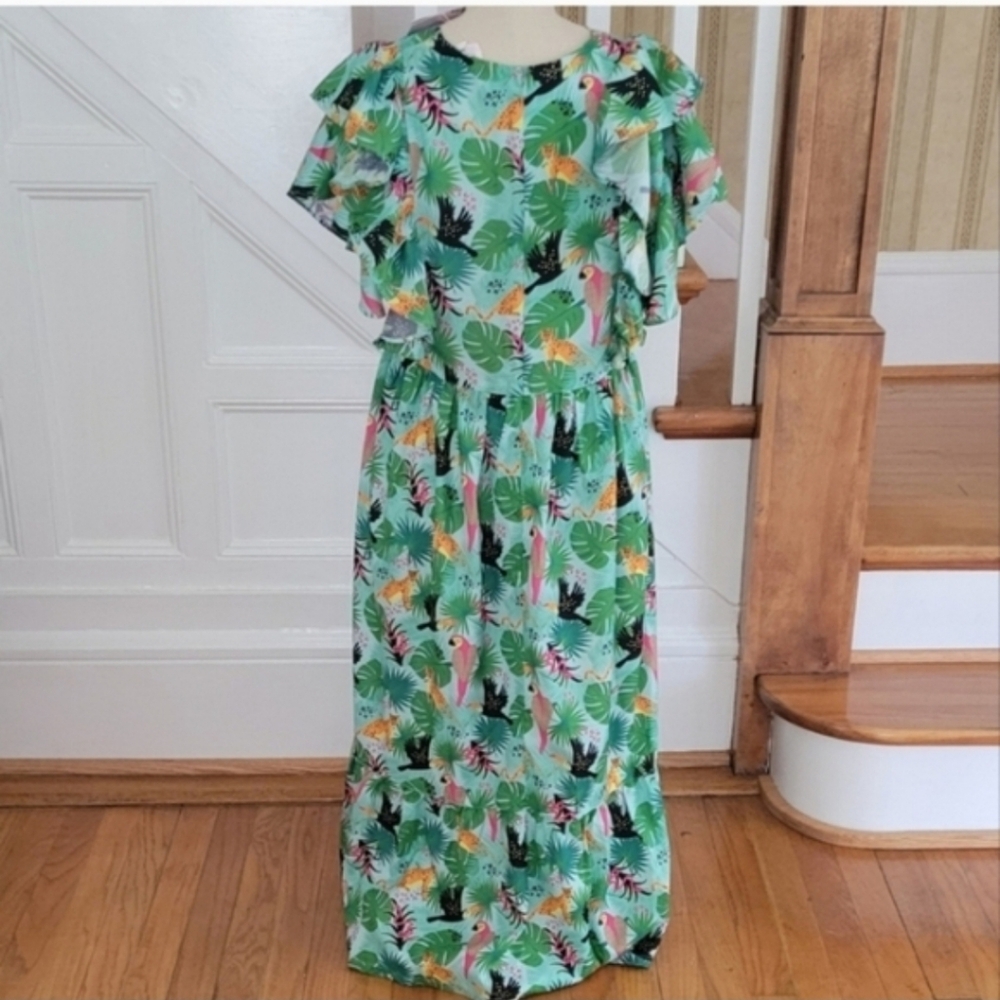 BRITON COURT Maxi Dress Green Tropical Print Multicolor Size Medium - Picture 2 of 10